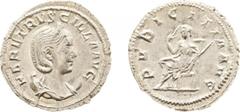Roman Imperial Coinage - Herennia Etruscilla - AR Antoninianus (Rome 250, 4.30 gm.) - Draped bust right wearing stephane, on crescent / Pudicitia seated left drawing veil from face, holding scepter (R