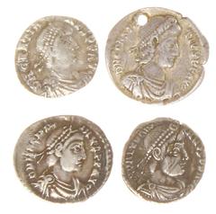 Ancient coins in lots - Lot of 4 Siliqua Valentinianus I (Arles), Arcadius (RIC 106b), Constantius II (RIC 15, holed) and Gratianus (RSC 86a) - totally 4 coins in avg. a.VF