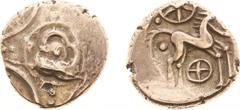 Celts - Britain - Iceni - AV Stater (ca. 65-1 BC, 5.42g) - Late Freckenham type (ca. 45-40 BC) - Flower in ring superimposed upon cross of pellets / Celticized horse to right, six-spoked wheel above a