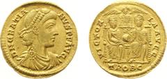 Roman Imperial Coinage - Gratianus (367-383) - AV Solidus (Trier 376-377, 4.56 g) - Diademed, draped and cuirassed bust right / VICTOR-IA AVGG Two emperors enthroned facing holding globe, in backgroun