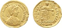 Roman Imperial Coinage - Valentinianus III (425-455) - AV Solidus (Ravenna 430-445, 4.39 g) - DN VALENTINIANVS PF AVG Rosette-diademed, draped and cuirassed bust right / VICTORIA AVGGG Valentinianus s