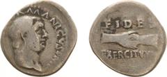 Roman Imperial Coinage - Vitellius (69) - AR Denarius (late April to Dec 69 AD, 2.98 g) - Bare head of Vitellius right / FIDES EXERCITVVM in two lines above and below clasped right hands (RIC 67 / BMC