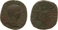 Roman Imperial Coinage - Hostilianus (250-251) - AE Sestertius (Rome, 18.20 g) - Bare-headed and draped bust right / Hostilian standing left, holding signum and reversed spear (RIC 216a) - a.VF, rough