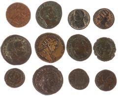 Ancient coins in lots - A small collection of Roman bronzes: 3 larger Folles (Maxentius, and Maximianus (2x)), an As of Traianus and 8 smaller Folles (Theodosius, Licinius II, Fausta, Iovianus, Licini
