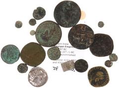 Ancient coins in lots - A small lot with 10 small ancient bronzes, an AR Macedonian Tetradrachm and a Roman Sestertius, all in worn condition - added 6 replica's of ancient coins
