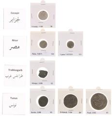 Munten buitenland in doosjes - Arabische Rijken - Witte map met: Abdul Hamid I (1774-1789), lot of 7 coins, resp.: Algiers, AR ¼ Budju; Misir (2) billon Para; Trablusgharb, AE Mangir; Tunis (3), AE Bu