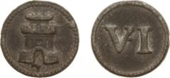 Tokens en loodjes - Middelburg zj - Raadspenning voor schepenen van 6 stuivers (Pelsdonk076, DeManI.3) - VZ Burcht / KZ Romeins cijfer VI - lood 20 mm - ruim ZF