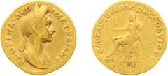 Ancient coinage Roman Imperial Coinage - Plotina - AV Aureus (Rome AD 112-117, 6.94 g) - PLOTINA AVG IMP TRAIANI Diademed and draped bust right, hair in plait / CAES AVG GERMA DAC COS VI PP Vesta seat