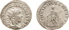 Ancient coinage Roman Imperial Coinage - Herennius Etruscus (250-251) - AR Antoninianus (Rome AD 250, 4.22 g) - Radiate and draped bust right / PRINCIPI IVVENTVTIS Herennius standing left, holding bat