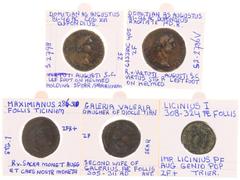 Ancient coins in lots Ancient coins in lots - A small lot with 2 Denarii (Domitianus and Maximinus I Trax), 2 Dupondii of Domitianus (Fortuna and Virtuti) and 3 Folles (Maximianus, Licinius and Galeri
