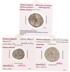 Ancient coins in lots Ancient coins in lots - Three Roman women on silver coins: 1 Denarius of Julia Maesa (Iuno, F/VF) and 2 Antoniniani of Otacilia Severa (Pietas and Concordia, a.VF) - totally 3 co