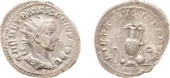 Ancient coinage Roman Imperial Coinage - Herennius Etruscus (250-251) - AR Antoninianus (Rome AD 250-251, 4.76 g) - Radiate and draped bust right / PIETAS AVGVSTORVM Whip, jug, ladle, patera and lituu