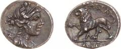 Ancient coinage Celts - Gaul - Massalia - AR Drachm (ca. 130-121 BC, 2.67 g) - Diademed and draped bust of Artemis to right, wearing pendant earring and pearl necklace / MAΣΣA Lion to left (cf. SNG Co