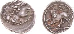 Ancient coinage Celts - Gaul - Massalia - AR Drachm (ca. 130-121 BC, 2.60 g) - Diademed and draped bust of Artemis to right with bow and quiver over shoulder / MAΣΣA Lion to left, raising right forepa