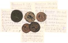 Ancient coins in lots Ancient coins in lots - A small collection of 2nd half 4th century Roman bronzes: Julianus II (RIC 216, 'the bull'), Gratianus (AE2, RIC 14a), Theodosius I (AE2, RIC14c), Honoriu