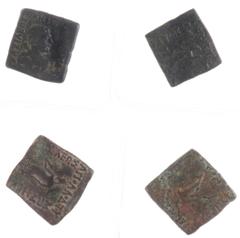 Ancient coins in lots Ancient coins in lots - A lot with 4 AE quadrangular Hemiobols, viz.: Apollodotus I, ca. 174-165 BC, AE hemi obol (11.77 g.), obv. ΒΑΣΙΛΕΩΣ ΑΠΟΛΛΟΔΟΤΟΥ ΣΩΤΗΡΟΣ Apollo standing fa