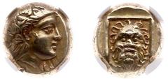 Ancient coinage Asia Minor - Lesbos - Mytilene - EL Hekte (ca 377-326 BC, 2.56 g) - Head of Dionysos to right, wearing ivy-wreath / Facing head of Satyr or Silenos, wild hair, long beard and two anima