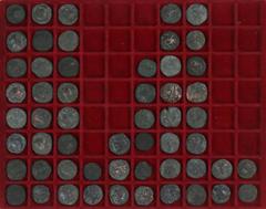 Ancient coins in lots Ancient India - Saka- and YüehChi- imitations of Indo-Greek coinage, Posthumous Hermaios and imitations c. 85-45 BC, AE tetradrachm (26); Kushan Empire, Kujula Kadphises, ca AD 1