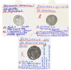 Ancient coins in lots Roman coinage - A small lot with 3 scarcer Roman silver coins: an AR Antoninianus of Aemilianus (IOVI CONSERVAT), an AR Denarius of Hadrianus (emperor seated on stage, stretching
