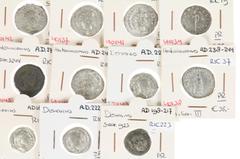 Ancient coins in lots Roman coinage - A lot with Roman silver coins: 7 Antoniniani (Philippus I Arabs (2), Gordianus III (3), Traianus Decius and Probus) and 4 Denarii (Severus Alexander (2), Caracall