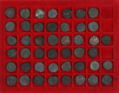 Ancient coins in lots Ancient India - Ancient India, Kushan Empire, Huvishka, c.158-195AD, AE unit (20), King on couch / deity (MAC.3225+); same, (24), King cross-legged / deity (MAC.3246+); added: In