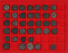 Ancient coins in lots Ancient India - Ancient India, Kushan Empire, Vima Taktho (Soter Megas), ca AD 55-100, AE tetradrachm (4), Diademed radiate bust r. holding sceptre / King r. on horseback, holdin