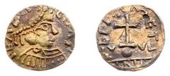 France - Merovingians (458-751) - Tremissis nd., 2nd northeast Gallic group, unknown mint (Belfort--, Prou..) - Obv: Stylized bust right / Rev: Cross on globe above exergue, legend around cross - Gold