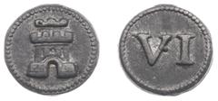 Medals Netherlands Tokens en loodjes - Middelburg zj - Raadspenning voor schepenen van 6 stuivers (Pelsdonk076, DeManI.3) - VZ Burcht / KZ Romeins cijfer VI - lood 20 mm 4,74 gram - ruim ZF.