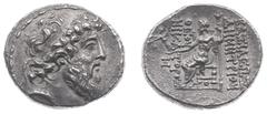 Ancient coinage / Hellenistic Monarchies The Seleukid Kingdom - Demetrios II Nikator (second reign 129-125 BC) - AR Tetradrachm (Antioch 129/128 BC, 16.37 g) - Diademed and bearded head right / Zeus s