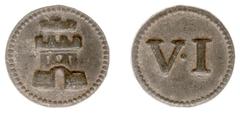 Medals Netherlands Tokens / Leads - Middelburg zj - Raadspenning voor schepenen van 6 stuivers (Pelsdonk076, DeManI.3) - VZ Burcht / KZ Romeins cijfer VI - lood 20 mm 4,13 gram - ruim ZF - met oud kar