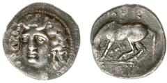 Ancient coinage / Greece Illyria and Central Greece - Thessaly - Larissa - AR Drachm (365-356 BC, 5.25 g) - Facing head of nymph Larissa three-quarter to left / Horse grazing to left, plant below, abo