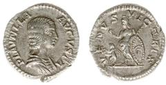 Roman Imperial Coinage Herennia Etruscilla - AR Denarius (Rome AD 202-205, 3.36 g) - Draped bust right / VENVS VICTRIX Venus standing left, holding apple and palm, leaning against shield, Cupid at her