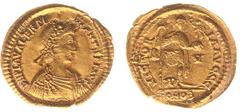Roman Imperial Coinage Valentinianus III (425-455) - AV Solidus (Ravenna, 4.39 g) - DN PLA VALENTINIANVS PF AVG Diademed, draped and cuirassed bust right / VICTORIA AVGGG Valentinianus standing facing