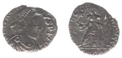 Collection Jeroen van der Meulen Maximus of Spain (409-411) - AR Siliqua (Barcino (Barcelona), as usuper, AD 410-411, 1.35 g) - DN MAXIMVS PF AVG Pearl-diademed, draped and cuirassed bust right / VICT