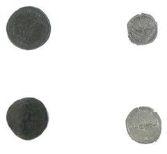 Ancient coins in lots - Roman coinage Roman coinage - A small lot with Roman coins: a Follis of Constantius II (GENIO POP ROMANI), a Dupondius of Faustina Minor (SALVTI AVGVSTAE), a Denarius of Caraca