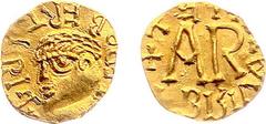 World Coins (single lots) France - Auvergne - Theudebert II (595–612), King of Austrasia - AV Tremissis nd., Brioude (Grierson--, Belfort--, Depeyrot--, Prou--) - Obv: Head left; + TEDOBERTIRIX / Rev: