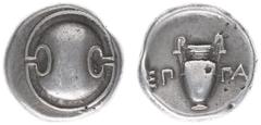 Ancient coinage / Greece Illyria and Central Greece - Boeotia - Thebes - AR Stater (ca. 364-362 BC, 12,05 g) - Boeotian shield / Amphora, magistrate's name, EΠ-ΠA, at either side of amphorae (BMC 138 