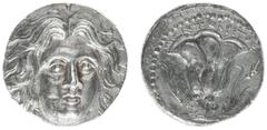 Ancient coinage / Greece Greece - Islands off Caria - Rhodos / Rhodes - AR Tetradrachm (c 230-205 BC, 13.14 g) - Three-quarter facing radiate head of Helios, slightly right / P-O, rose with bud to the
