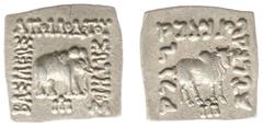 Ancient coinage / The Indo-Greek and Scythian Kingdom The Indo-Greek Kingdom - Apollodotos I (ca. 174-165 BC) - Quadrangular AR Drachm (16x16 mm, 2.40 g) - BAΣIΛEΩΣ AΠOΛΛOΔOTOΥ ΣΩTHΡOΣ Elephant walkin