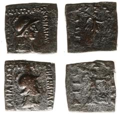 Ancient coinage / The Indo-Greek and Scythian Kingdom The Indo-Greek Kingdom - Menander (ca. 160-145 BC) - AE Quadrangular Hemi-obol (Uncertain mint in the Paropamisadai or Gandhara, 2 pieces; 10.41, 