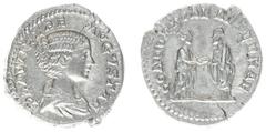 Roman Imperial Coinage Plautilla (202-205) - AR Denarius (Rome AD 202, 3.37 g) - PLAVTILLAE AVGUSTAE, draped bust right / CONCORDIAE AETERNAE, Caracalla left and Plautilla right standing facing each o
