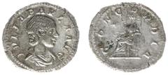 Roman Imperial Coinage Julia Paula (219-220) - AR Denarius (Roma AD 220, 3.04 g) - IVLIA PAVLA AVG, draped bust right / CONCORDIA, Concordia enthroned left , holding patera in right hand and resting l