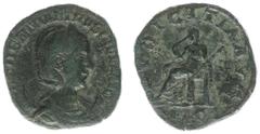Roman Imperial Coinage Herennia Etruscilla - AE As (Rome AD 250, 7.40 g) - HERENNIA ETRVSCILLA AVG, diademed and draped bust, crescent behind shoulders / PVDICITIA AVG, Pudicitia seated left, drawing 