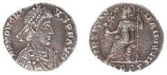 Roman Imperial Coinage Honorius (393-423) - AR Siliqua (Milan, 1,36 g) - D N HONORI-VS P F AVG Pearl-diademed, draped, and cuirassed bust of Honorius to right / VIRTVS RO-MANORVM, Roma seated left on 