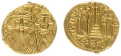 Byzantine Coinage Constans II (641-668) - AV Solidus (Constantinople, AD 659-661, 4.27 g) - ∂ N CONSƮAN CN, Constans II with Constantine IV crowned and facing busts, Constans wearing plumed helmet and