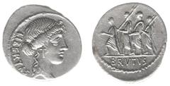 Roman Republican Coinage Later-Denarius Coinage (ca. 154-41 BC) - M. Junius Brutus - AR Denarius (54 BC, 3.91 g) - LIBERTAS Bust of Libertas right / The consul L. Junius Brutus walking left between tw