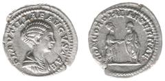 Roman Imperial Coinage Plautilla (202-205) - AR Denarius (Rome AD 202, 3.06 g) – PLAVTILLAE AVGVSTAE, draped bust right / CONCORDIAE AETERNAE, Caracalla standing right and Plautilla left (RIC 361, BMC