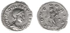 Roman Imperial Coinage Aquilia Severa (221) - AR Denarius (Rome AD 221, 3.24 g) - IVLIA AQVILIA SEVERA AVG, draped bust right / CONCORDIA, Concordia sacrificing over lighted altar and holding double c