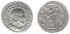 Roman Imperial Coinage Maximinus I Thrax (235-238) - AR Denarius (Rome AD 235, 2.84 g) - IMP MAXIMINVS PIVS AVG, laureate, draped and cuirassed bust right / P M TR P P P, Maximinus in military attire,