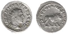 Roman Imperial Coinage Philippus I Arabs (244-249) - AR Antoninianus (Rome AD 248, 3.55 g) - IMP PHILIPPVS AVG, radiate, draped and cuirassed bust right / SEACVLARES AVGG, lion walking right, officina